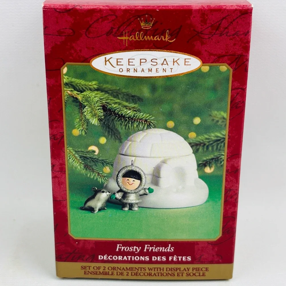 Hallmark Frosty Friends Ornament‎ Set Pewter Miniatures Porcelain Igloo Display